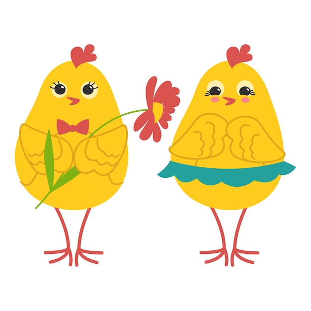 Two cute yellow chicks romantic couple Vector illustration