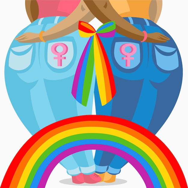 Two dark skin lesbian women in jeans holding each other connected with colourful bow and rainbow