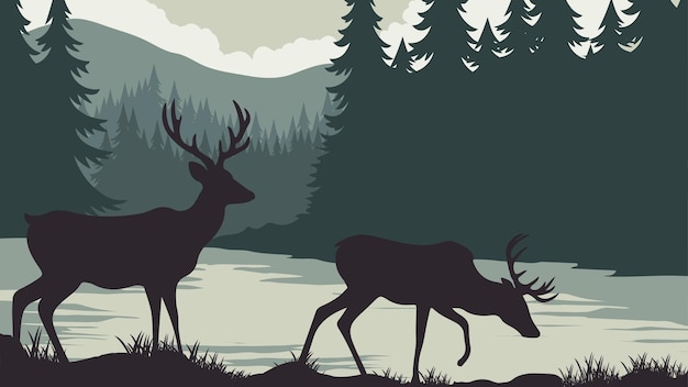 Vector two deer eating grass by the river in the forest