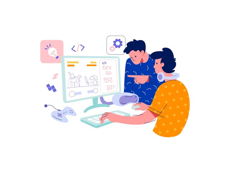 Vector 두 명의 개발자가 게임 손으로 그린 플랫 벡터 그림을 만듭니다.