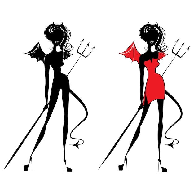 Two devil girls are shown in black and red