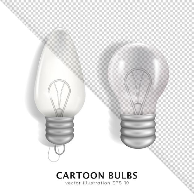 Two different 3D realistic transparent bulbs isolated on transparent background. Vector lamps