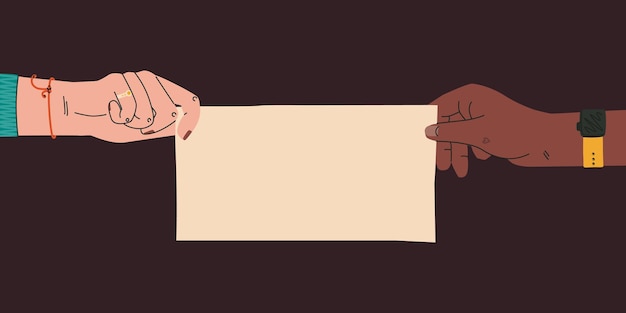 Two different female hands are holding an empty horizontal sheet Vector trendy flat illustration