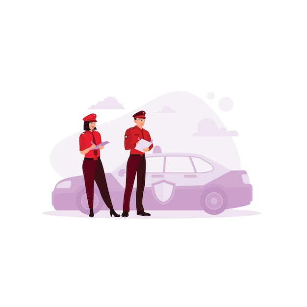 Vector two different police officers wearing uniforms are standing next to a police car various occupations