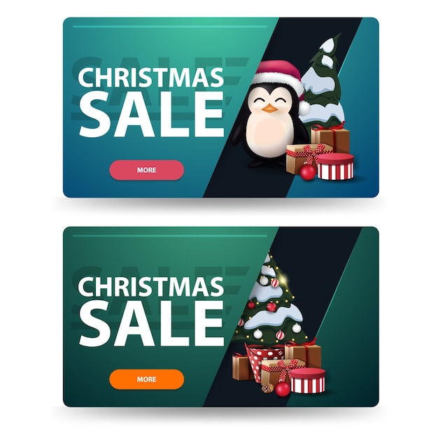 Two discount christmas banners with christmas tree in a pot with gifts and penguin in santa claus hat