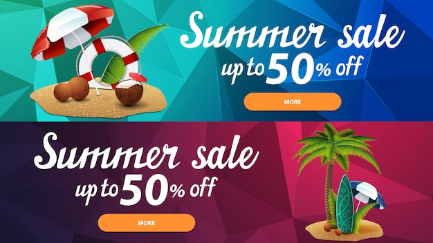 Два скидочных веб-баннера для летних распродаж с полигональной текстурой