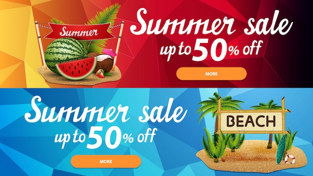 Two discount web banners for summer sales with polygonal texture