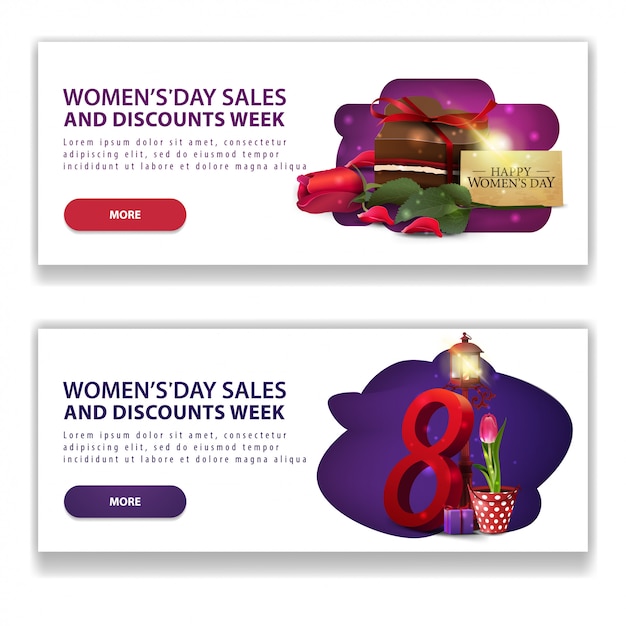 Two discount white banners for women's day with buttons