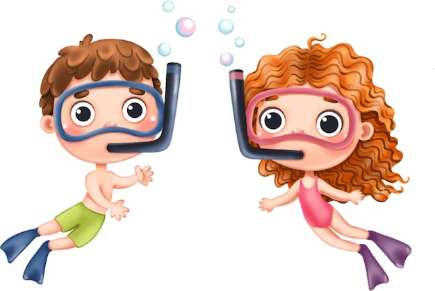 Vector two divers a girl and a boy swim underwater