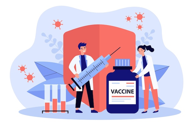 Vector two doctors with vaccine, test tubes and syringe flat illustration