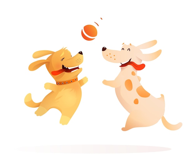 함께 노는 두 마리의 가장 친한 친구, 강아지와 공을 잡기 위해 공중에서 점프하는 개가 있습니다. 공을 가져오는 점프하는 행복한 강아지 애완동물. 아이 들을 위한 벡터 일러스트 레이 션.