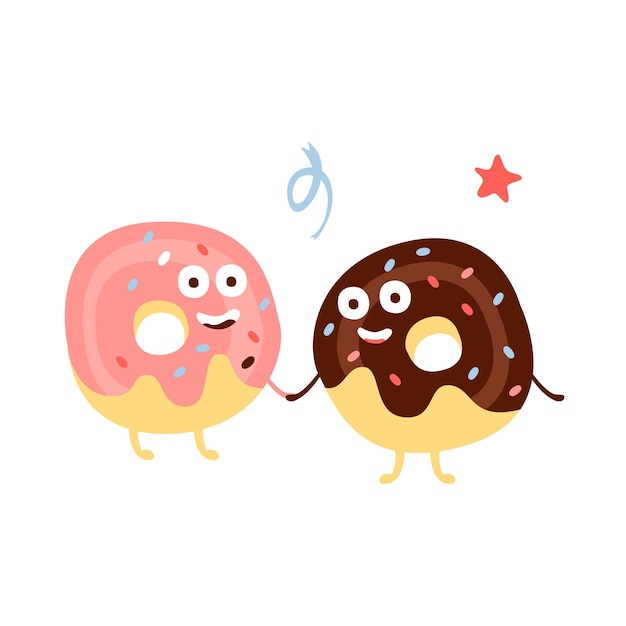 두 도넛 손을 잡고 어린이 생일 파티 속성 만화 행복 한 인간 화 된 캐릭터를 만나고 색상