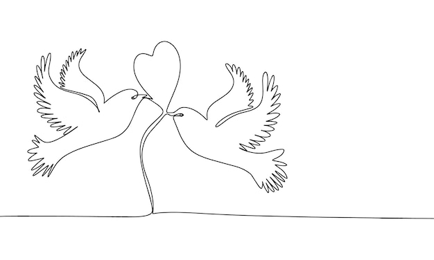 Two doves with heart silhouette vector Concept for Valentines day One line continuous vector line