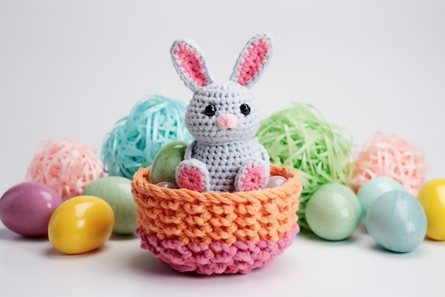 Vettore due conigli di crochet di pasqua su un cesto con uova di crochet