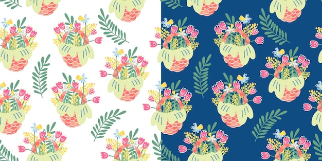 Two Easter seamless patterns with nice wicker baskets and spring flowers and leaves