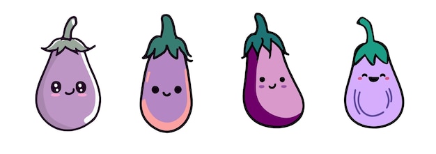 Vector two eggplants with faces, one with a kawaii face and the other with a cute face.