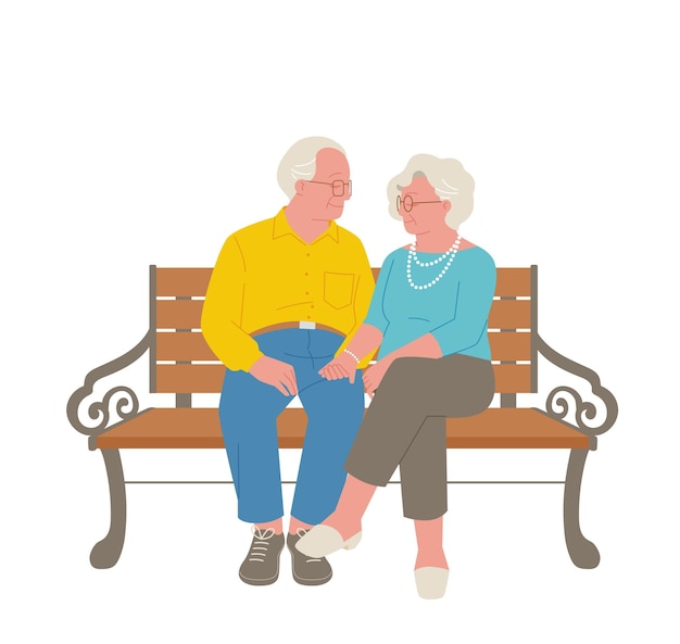 Two elderly couples are sitting on a park bench holding hands looking at each other and smiling Hand drawn illustrations in realistic proportions