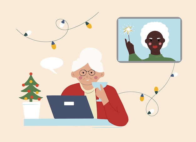 2人の年配の祖母がオンラインでメリークリスマスをお互いに願っています