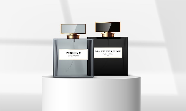 two elegant perfume bottles, black and grey, on a white pedestal.