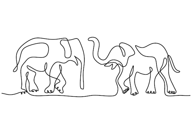ミニマリズムスタイルを描く2頭の象の連続1行アート