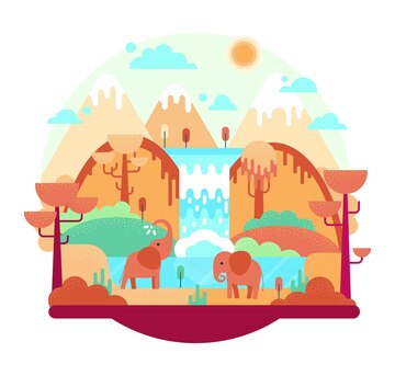 Premium Vector | Two elephants near waterfall vector cartoon illustration