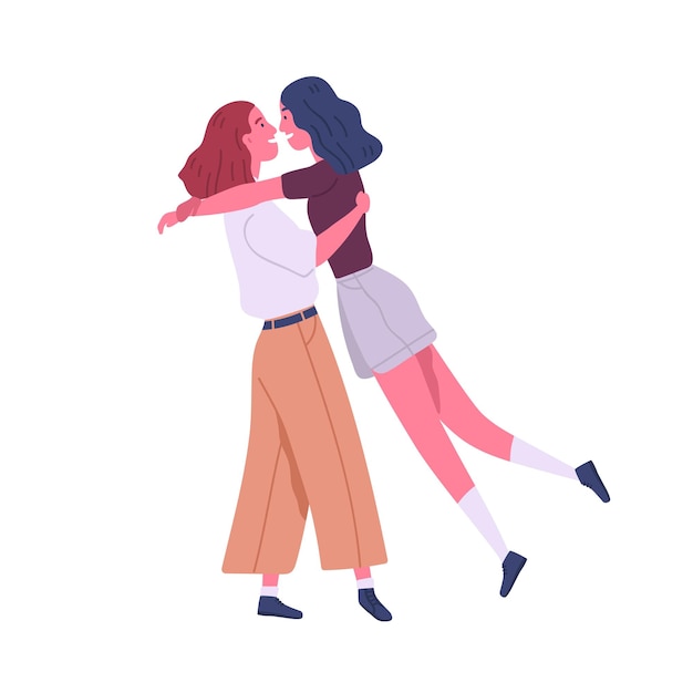 Two enamored lesbian girl hugging enjoy meeting vector flat illustration. happy homosexual woman smiling feeling love and positive emotion isolated on white. joyful lgbt couple at romantic date.