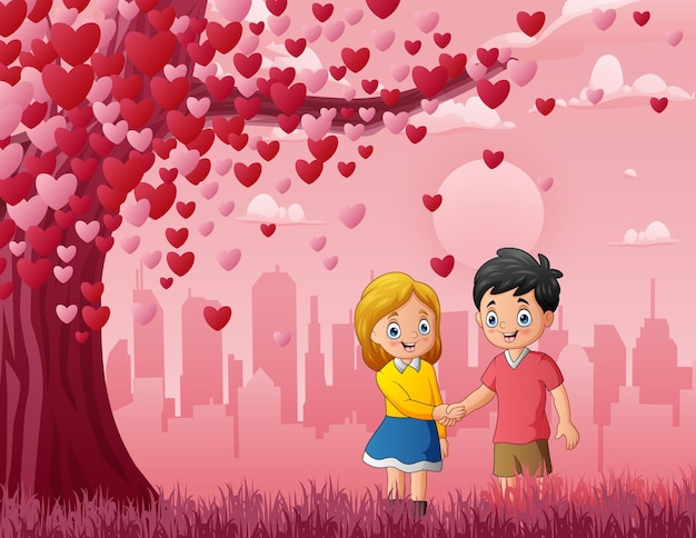 Two enamored under a love tree on pink background