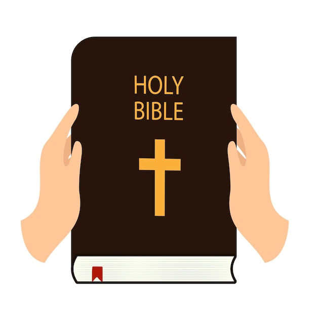 Two European hands holding Holy Bible. Conception religion. Vector illustration.