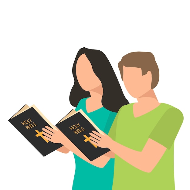 Two European people reading a holy bible. Woman and man are studying bible. Vector illustration.