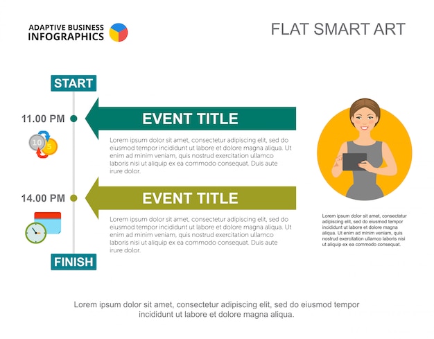 Two event diagram. Step chart, arrow diagram, slide template.