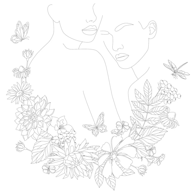 Two faces with flowers using a vector drawing in one line
