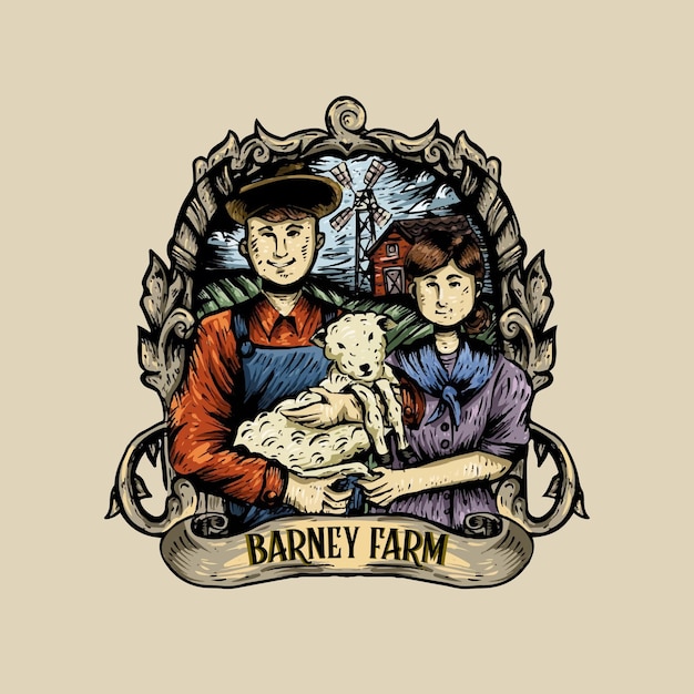 Vettore due agricoltore che detiene pecore con logo in stile vintage