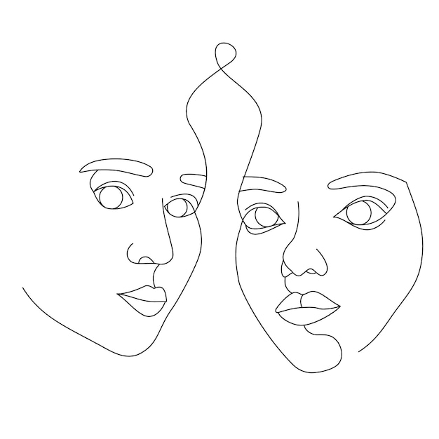 Два женских лица нарисованы одной сплошной линией. минималистичные абстрактные портреты красивых женщин. концепция современной моды. черный рисунок на белом фоне