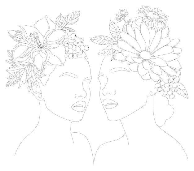 Two female faces A female head with a vector drawing of a line of flowers