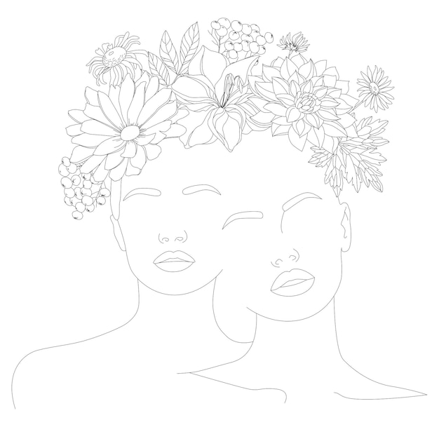 Two female faces A female head with a vector drawing of a line of flowers