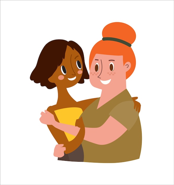 Vettore due amici femminili che abbracciano isolati su priorità bassa bianca. illustrazione del personaggio dei cartoni animati.