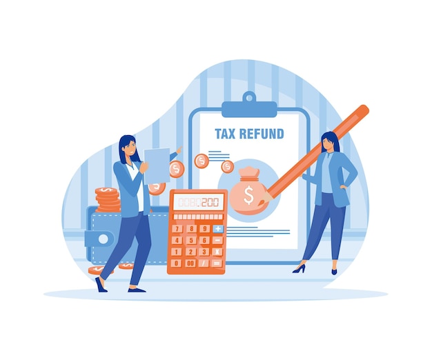Vettore two female making tax refund concept of accounting payment financial bill tax optimization deduction and refund flat vector modern illustration