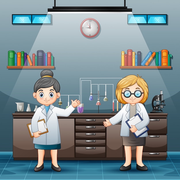Две женщины ученый в белых халатах в комнате лаборатории