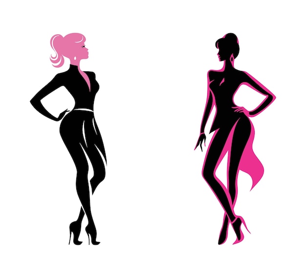 Two female silhouettes in black and pink colors