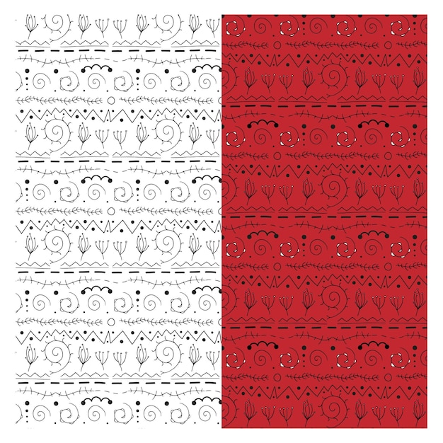 Two festive Christmas patterns - on a transparent and on a red background. Hand drawn black vector o