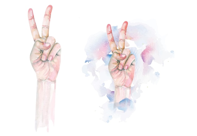 Two finger up for victory or encouragement symbol painted in watercolorsign language symbol