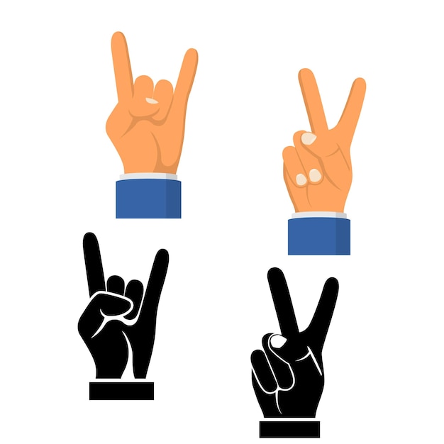 Two fingers up black icon isolated on white background. Silhouette symbol peace. Sign pictogram victory. Vector illustration flat design. Set icons gesture hand.