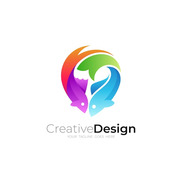 Two fish logo with simple design vector 3d colorful