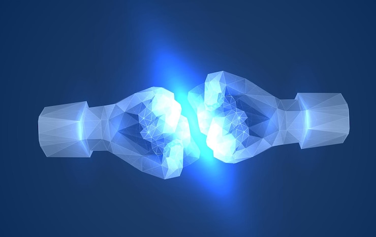 Vector two fists in punch concept of partnership or resistance in polygonal futuristic style monochrome illustration of a hand with clenched fingers concept of togetherness and teamwork