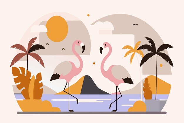 Вектор Два фламинго стоят у озера на закат с пальмами