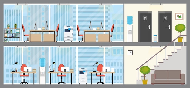Vettore due piani di ufficio moderno interno posto di lavoro vuoto con illustrazione vettoriale di mobili