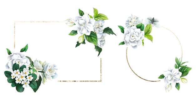 Two floral golden frames hand drawn vector