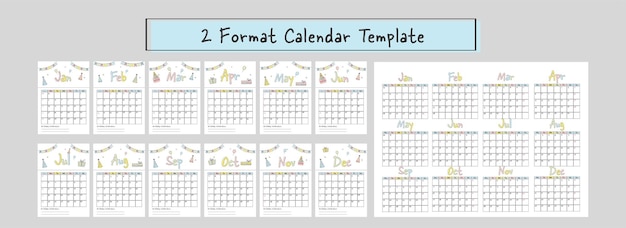 Два формата макета шаблона календаря на 12 месяцев с сообщением о праздновании дня рождения в белом цвете.