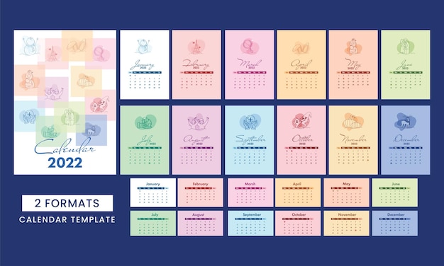 Due formati di design del calendario annuale 2022 con elementi stagionali in diversi colori pastello.