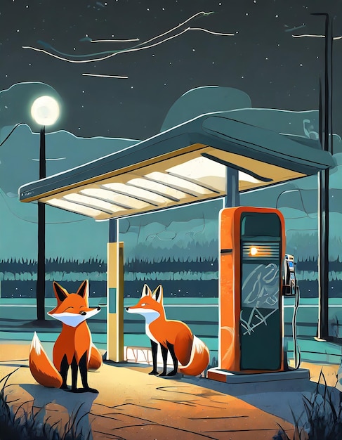 two foxes examine a closed gas station late at night